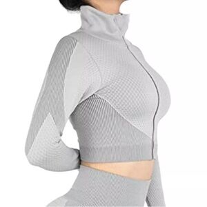 Bella Movement Womens Small Gray Workout Crop Top Long Sleeve Jacket Mock Neck